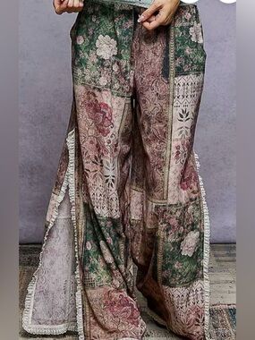 POL Patchwork Side Slit Pants in Green, Brown, Cream